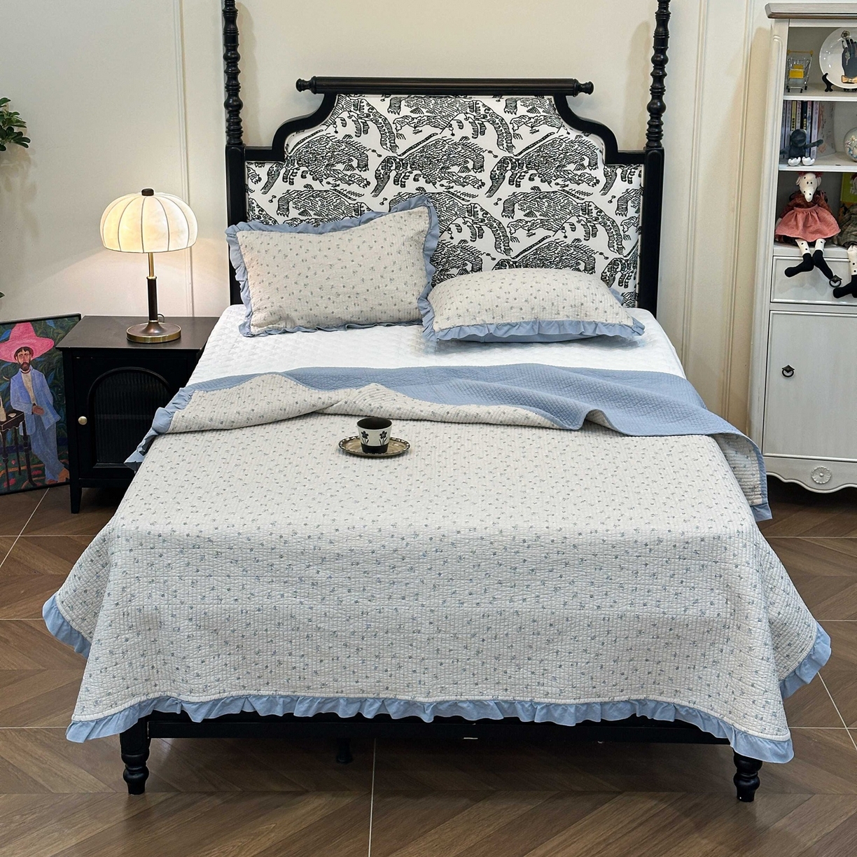 91家纺网 家纺一手货源 找家纺 床盖工厂店 2026新款小花边双面全棉填充棉花床盖三件套 虹光兰花（兰）