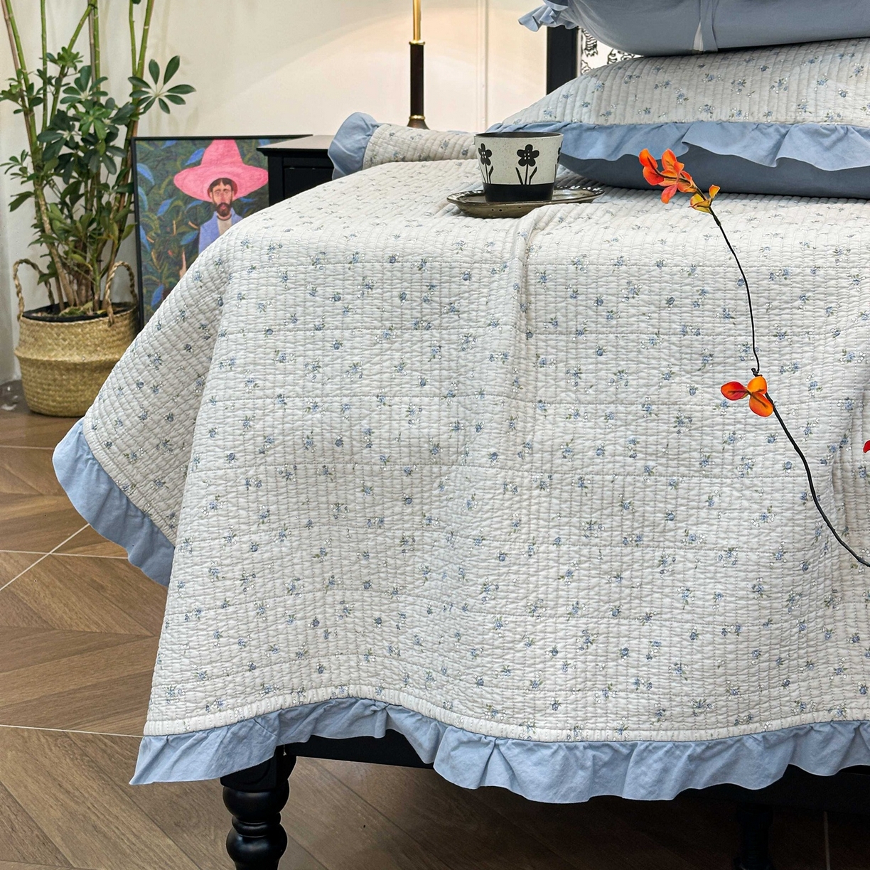 91家纺网 家纺一手货源 找家纺 床盖工厂店 2026新款小花边双面全棉填充棉花床盖三件套 虹光兰花（兰）