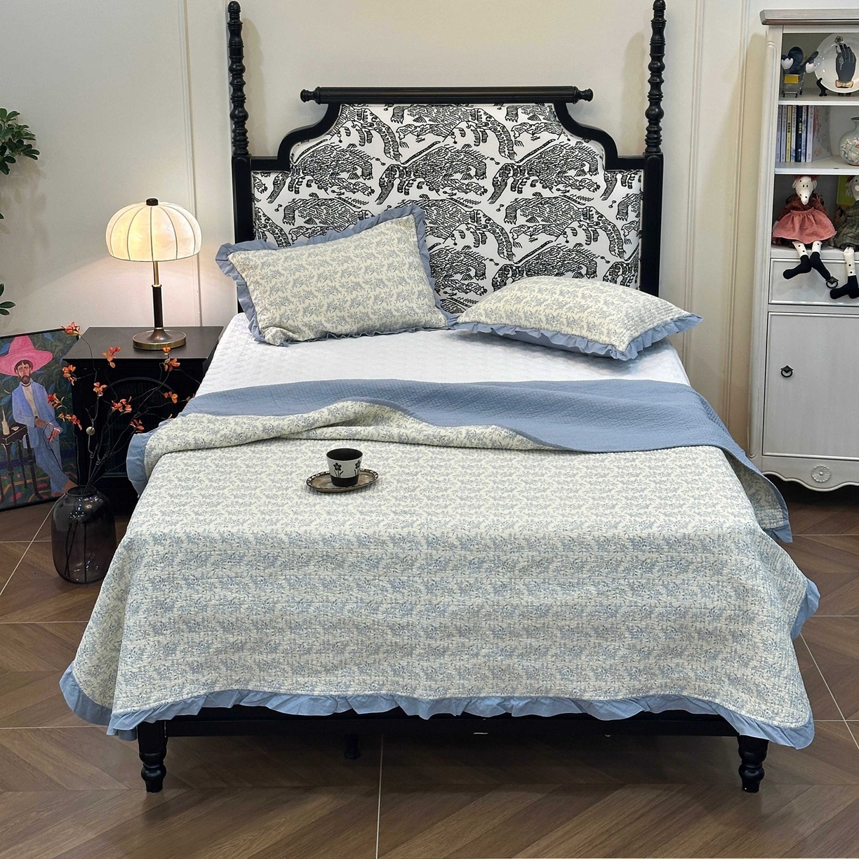 91家纺网 家纺一手货源 找家纺 床盖工厂店 2026新款小花边双面全棉填充棉花床盖三件套 瑞莎（蓝）