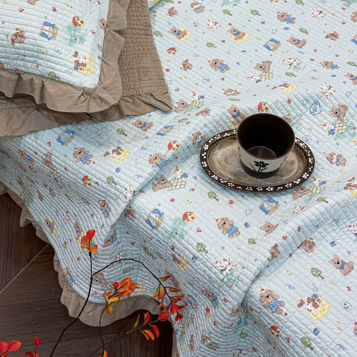 91家纺网 家纺一手货源 找家纺 床盖工厂店 2026新款小花边双面全棉填充棉花床盖三件套 柯基小镇