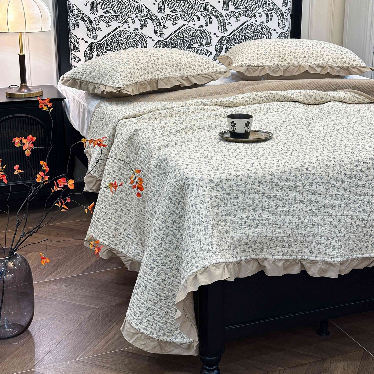 91家纺网 家纺一手货源 找家纺 床盖工厂店 2026新款小花边双面全棉填充棉花床盖三件套 温锦织（米）