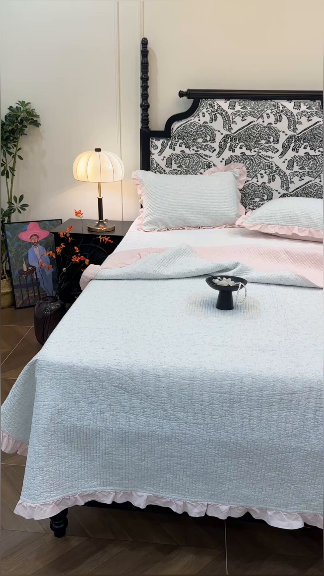 91家纺网 家纺一手货源 找家纺 床盖工厂店 2026新款小花边双面全棉填充棉花床盖三件套 若芷嫣（绿）