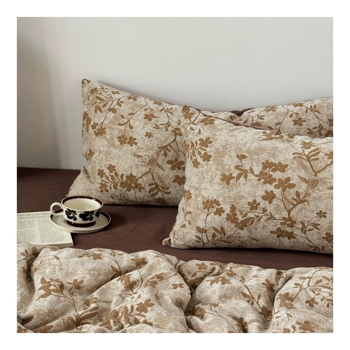 91家纺网 家纺一手货源 找家纺 双层纱家居 2025新款AB版A版棉麻B版全棉纯棉色织提花双层纱四件套20%麻-花季 花季-彩纱金