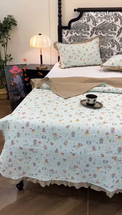 91家纺网 家纺一手货源 找家纺 床盖工厂店 2026新款小花边双面全棉填充棉花床盖三件套 柯基小镇