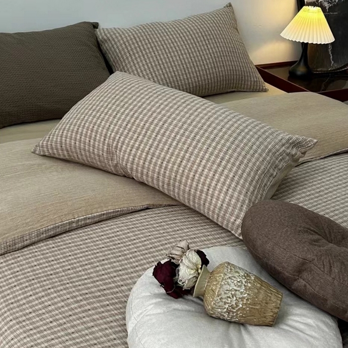 91家纺网 家纺一手货源 找家纺 （总）双层纱家居 2025新款AB版拉链款全棉纯棉色织提花双层纱四件套-摩卡星冰乐