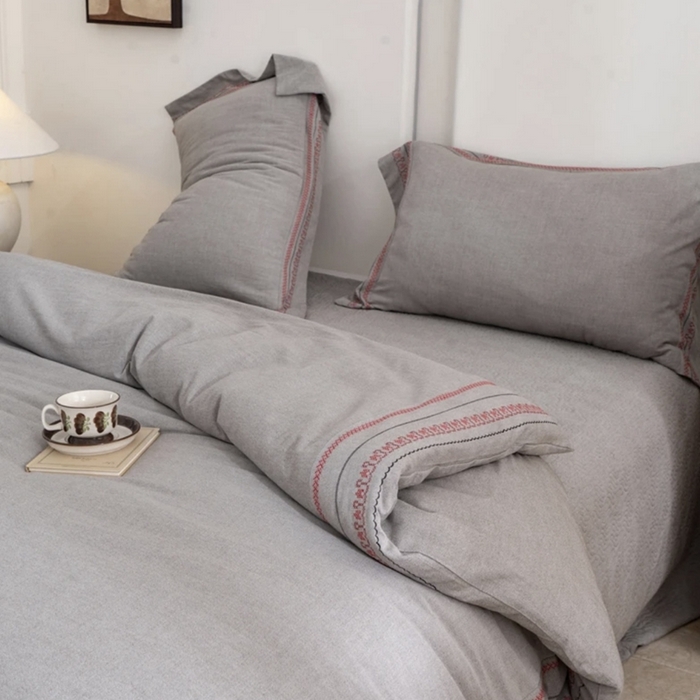 91家纺网 家纺一手货源 找家纺 （总）双层纱家居 2025新款棉麻混纺刺绣四件套渔歌唱晚