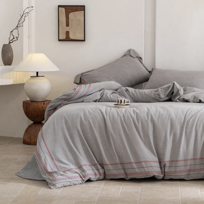 91家纺网 家纺一手货源 找家纺 （总）双层纱家居 2025新款棉麻混纺刺绣四件套渔歌唱晚