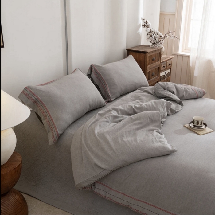 91家纺网 家纺一手货源 找家纺 （总）双层纱家居 2025新款棉麻混纺刺绣四件套渔歌唱晚