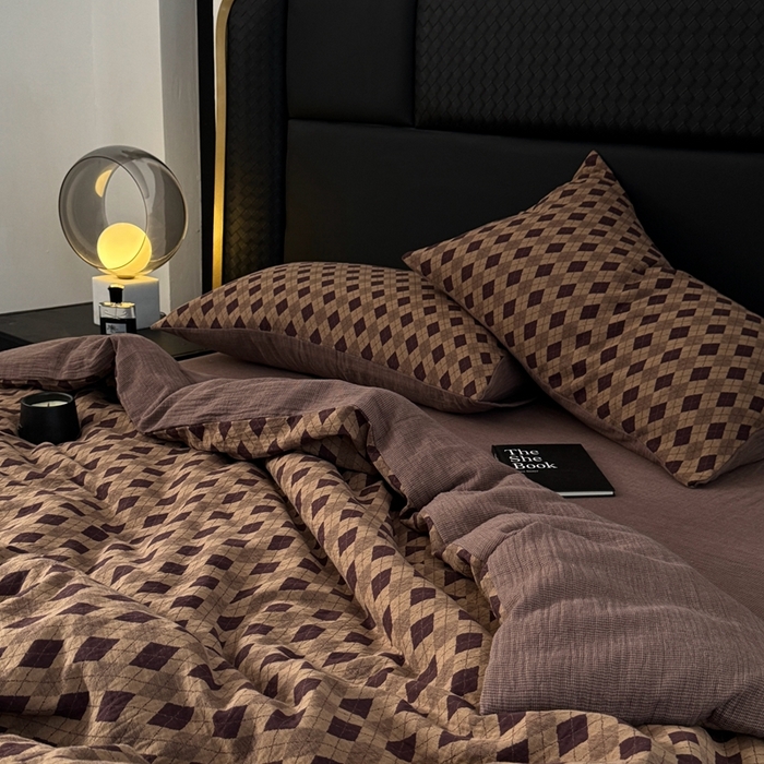 91家纺网 家纺一手货源 找家纺 （总）双层纱家居 2025新款AB版拉链款全棉纯棉色织提花双层纱四件套-凌香格