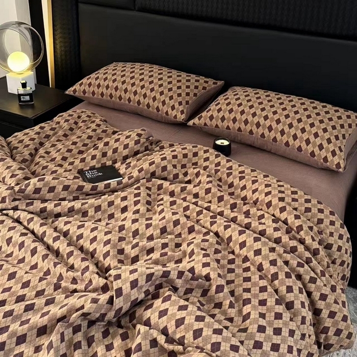 91家纺网 家纺一手货源 找家纺 （总）双层纱家居 2025新款AB版拉链款全棉纯棉色织提花双层纱四件套-凌香格