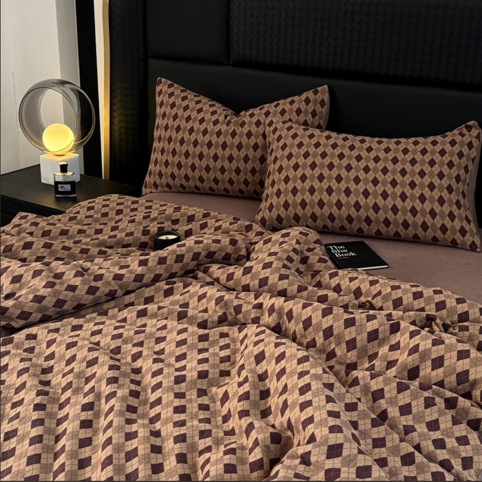 91家纺网 家纺一手货源 找家纺 （总）双层纱家居 2025新款AB版拉链款全棉纯棉色织提花双层纱四件套-凌香格