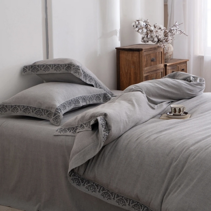 91家纺网 家纺一手货源 找家纺 （总）双层纱家居 2025新款棉麻混纺刺绣四件套空谷幽兰