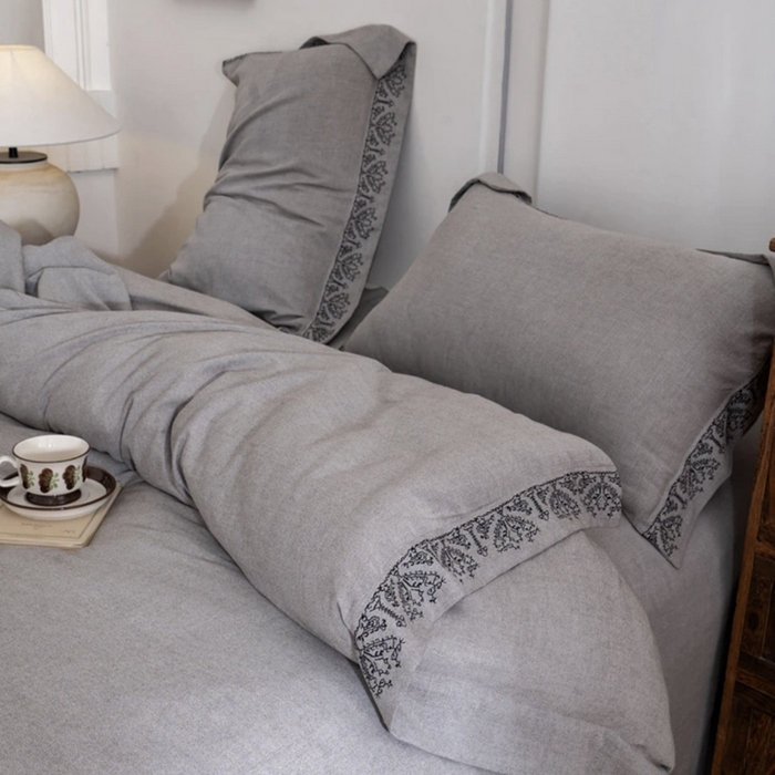 91家纺网 家纺一手货源 找家纺 （总）双层纱家居 2025新款棉麻混纺刺绣四件套空谷幽兰