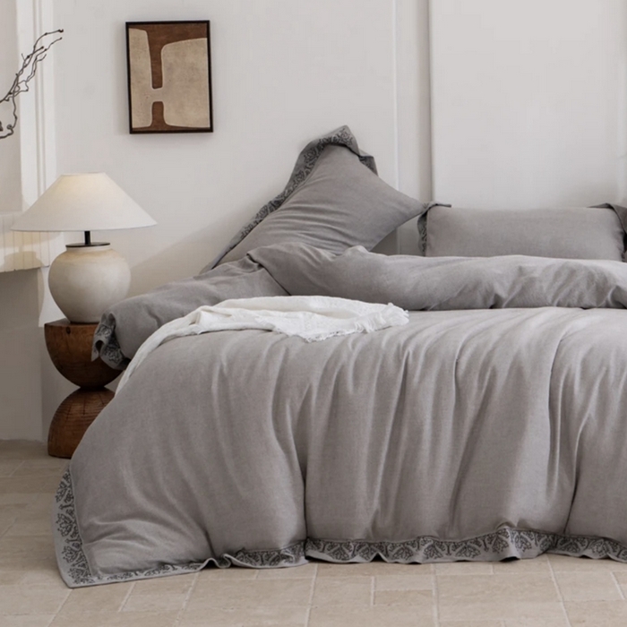 91家纺网 家纺一手货源 找家纺 （总）双层纱家居 2025新款棉麻混纺刺绣四件套空谷幽兰