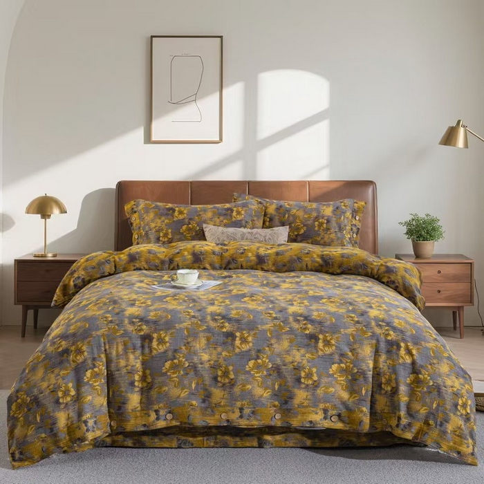 91家纺网 家纺一手货源 找家纺 （总）双层纱家居 2025新款全棉纯棉色织提花双层纱纽扣款四件套-花韵影