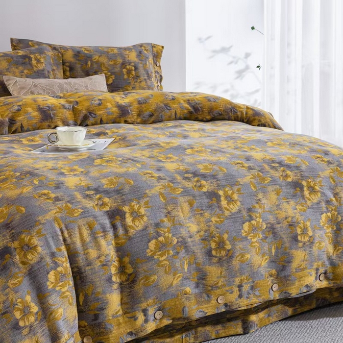 91家纺网 家纺一手货源 找家纺 （总）双层纱家居 2025新款全棉纯棉色织提花双层纱纽扣款四件套-花韵影