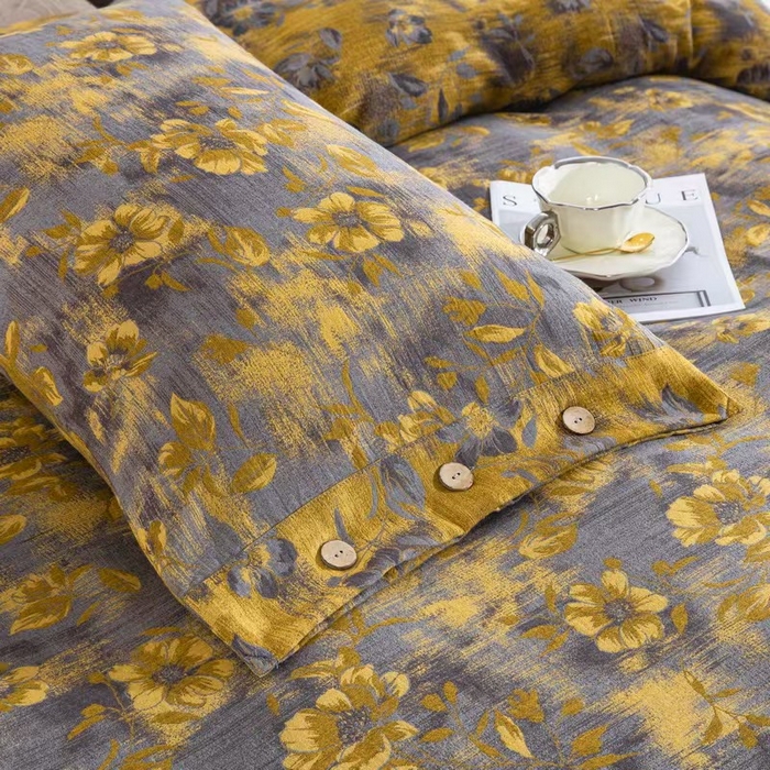 91家纺网 家纺一手货源 找家纺 （总）双层纱家居 2025新款全棉纯棉色织提花双层纱纽扣款四件套-花韵影