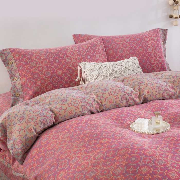 91家纺网 家纺一手货源 找家纺 （总）双层纱家居 2025新款全棉纯棉色织提花纽扣款四件套-四叶草