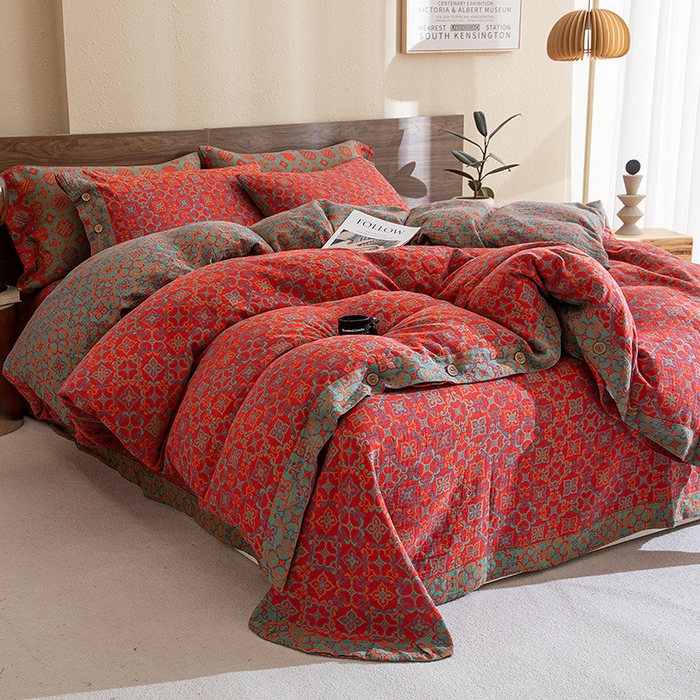 91家纺网 家纺一手货源 找家纺 双层纱家居 2025新款全棉纯棉色织提花纽扣款四件套-四叶草 四叶草-红