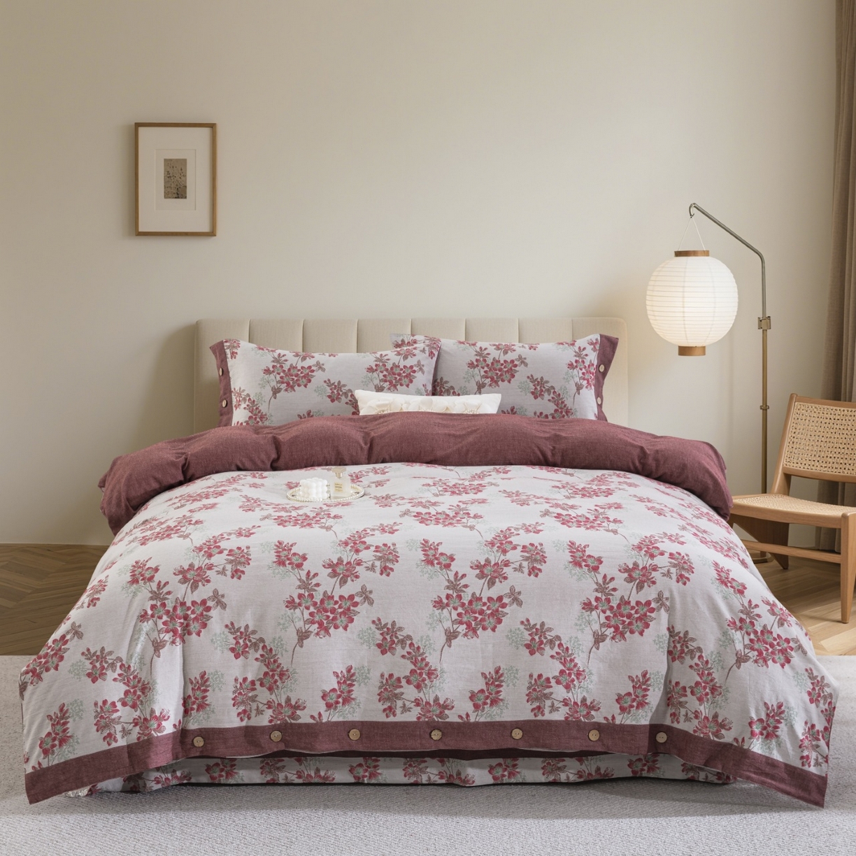 91家纺网 家纺一手货源 找家纺 （总）双层纱家居 2025新款临江仙-粉全棉纯棉色织提花纽扣款四件套