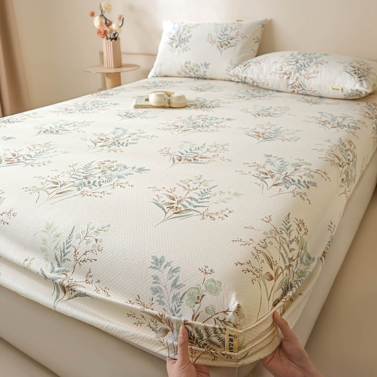 涵宸家纺 2026新款全棉提花老粗布-单床笠 床笠-绿意然