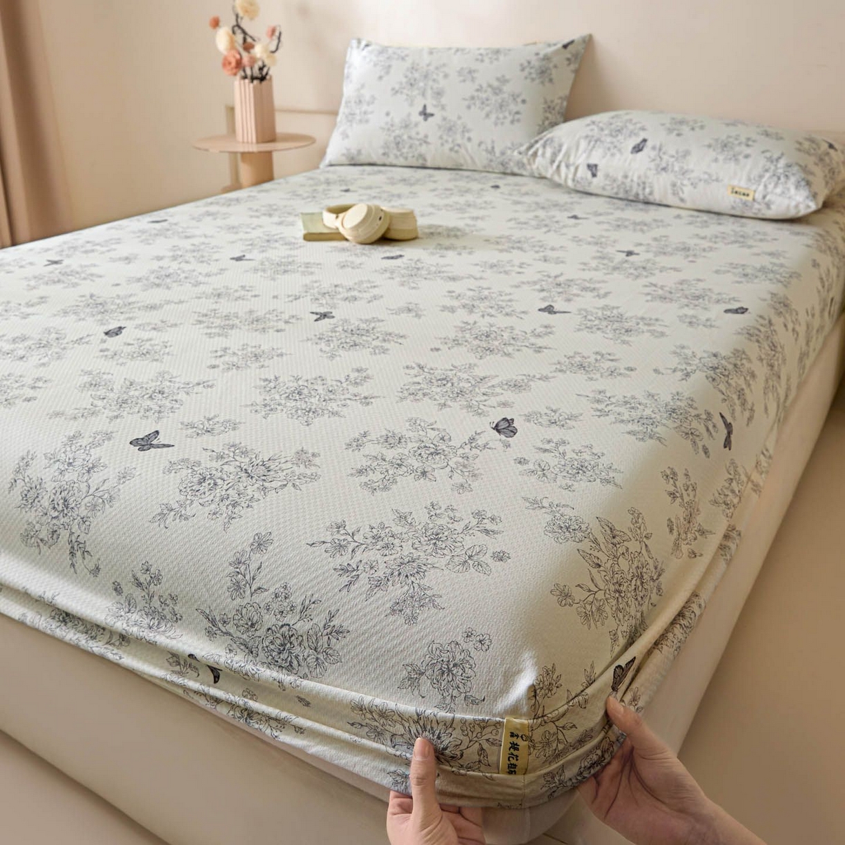 涵宸家纺 2026新款全棉提花老粗布-单床笠 床笠-墨蝶