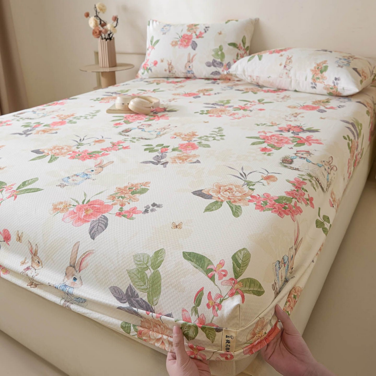 涵宸家纺 2026新款全棉提花老粗布-单床笠 床笠-兔伴花