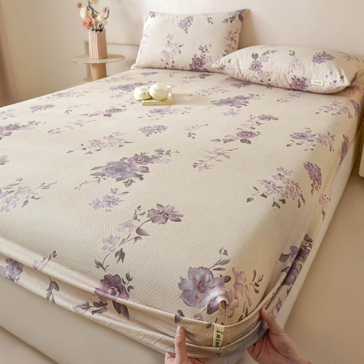 涵宸家纺 2026新款全棉提花老粗布-单床笠 床笠-紫色花语