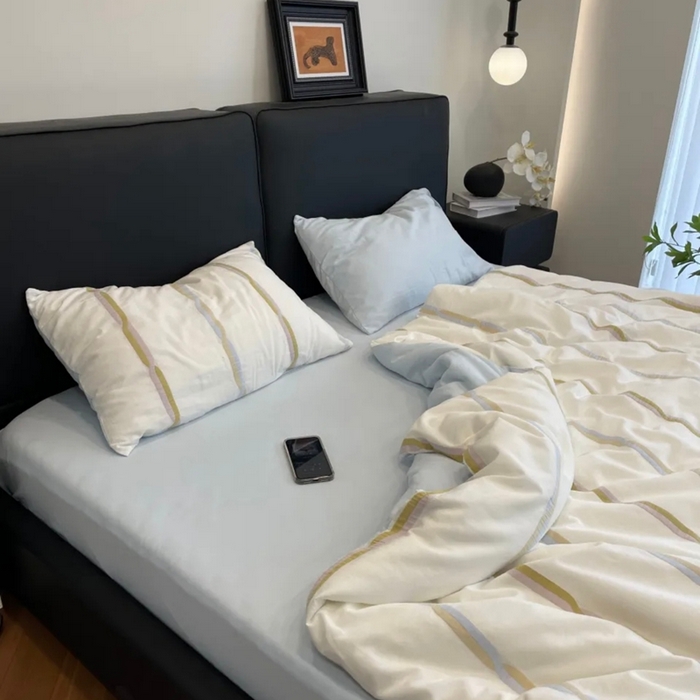 91家纺网 家纺一手货源 找家纺 双层纱家居 2025新款彩纱稿花全棉纯棉色织提花四件套 彩纱色织稿花-蓝色