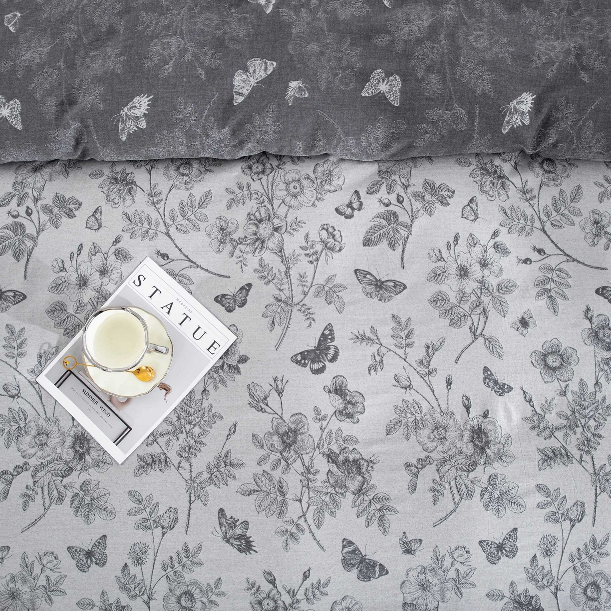 91家纺网 家纺一手货源 找家纺 （总）双层纱家居 2025新款全棉纯棉色织提花纽扣款四件套-羽花蝶