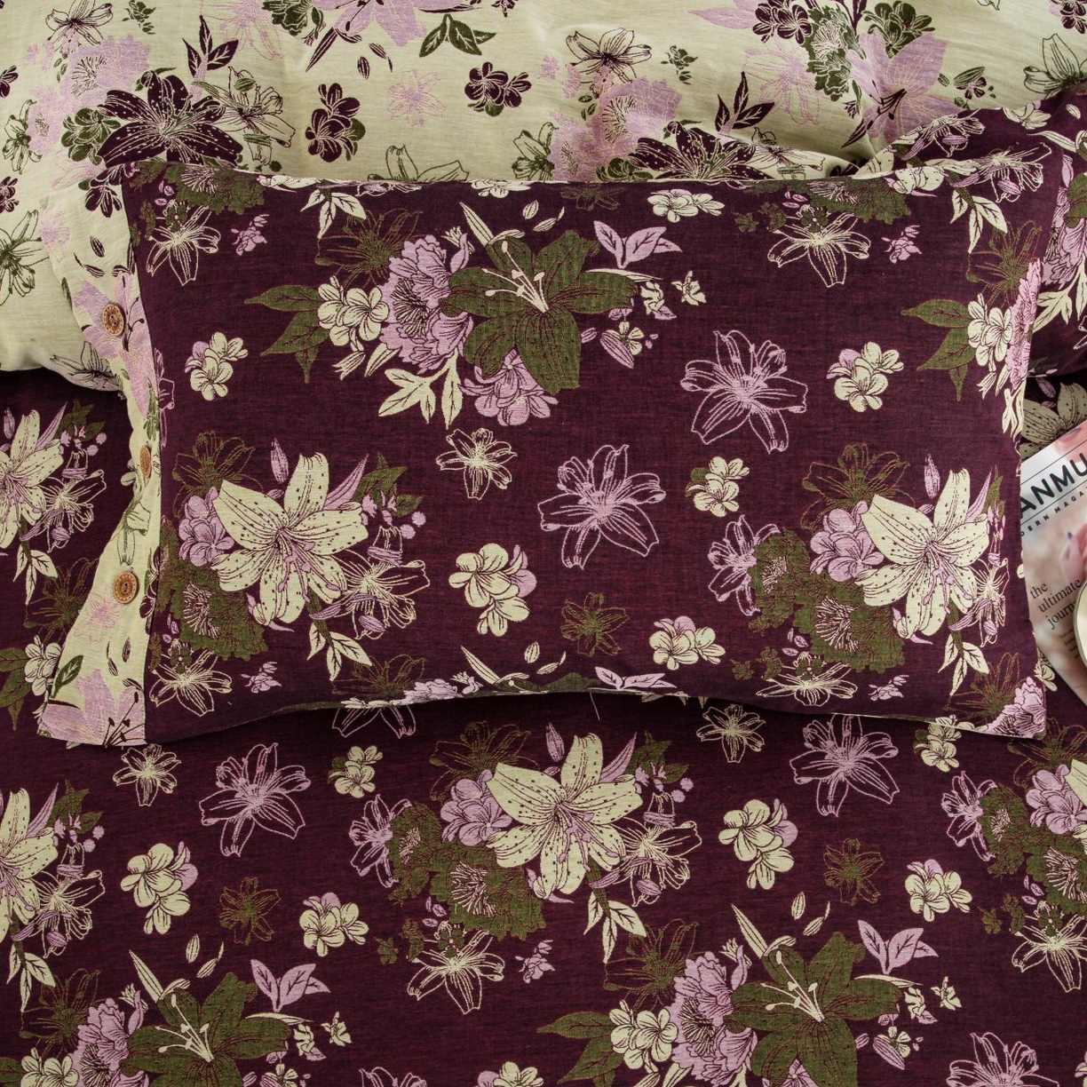 91家纺网 家纺一手货源 找家纺 （总）双层纱家居 2025新款全棉纯棉色织提花纽扣款四件套-百合颂