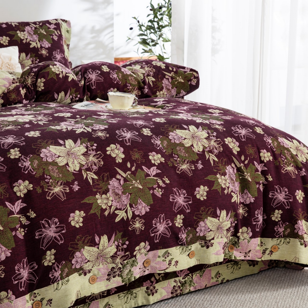 91家纺网 家纺一手货源 找家纺 （总）双层纱家居 2025新款全棉纯棉色织提花纽扣款四件套-百合颂