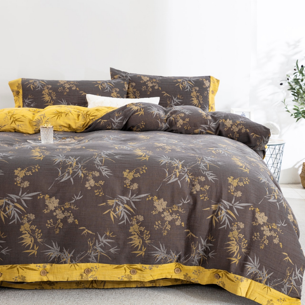 双层纱家居 2025新款全棉纯棉色织提花纽扣款四件套-竹韵 竹韵-黑金