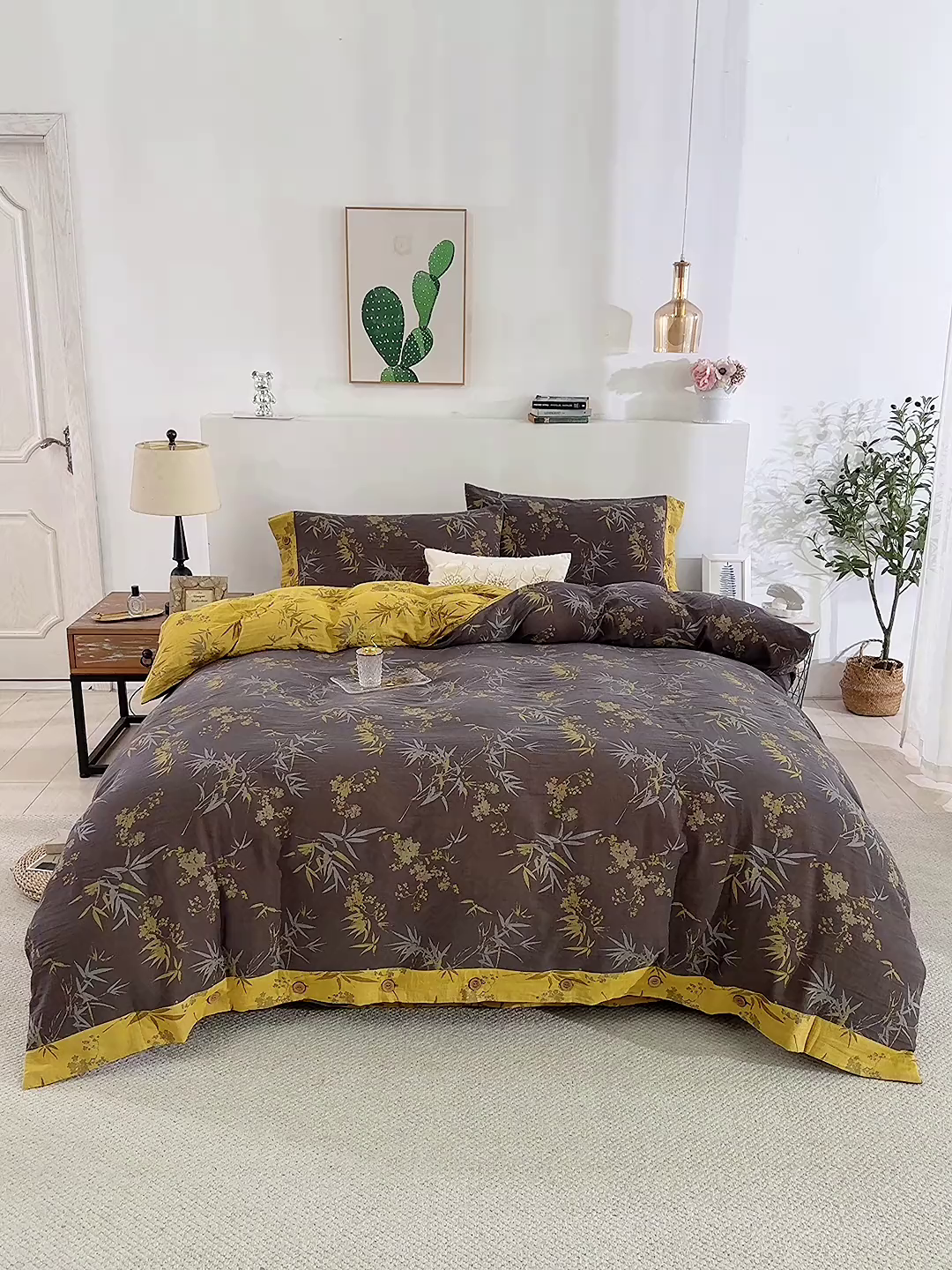 91家纺网 家纺一手货源 找家纺 双层纱家居 2025新款全棉纯棉色织提花纽扣款四件套-竹韵 竹韵-黑金