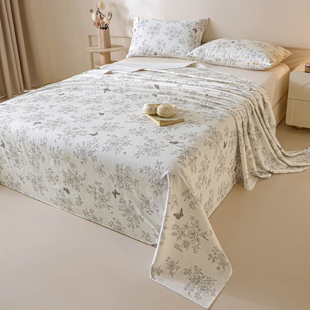 91家纺网 家纺一手货源 找家纺 涵宸家纺 2026新款全棉提花老粗布-单床单 床单-墨蝶