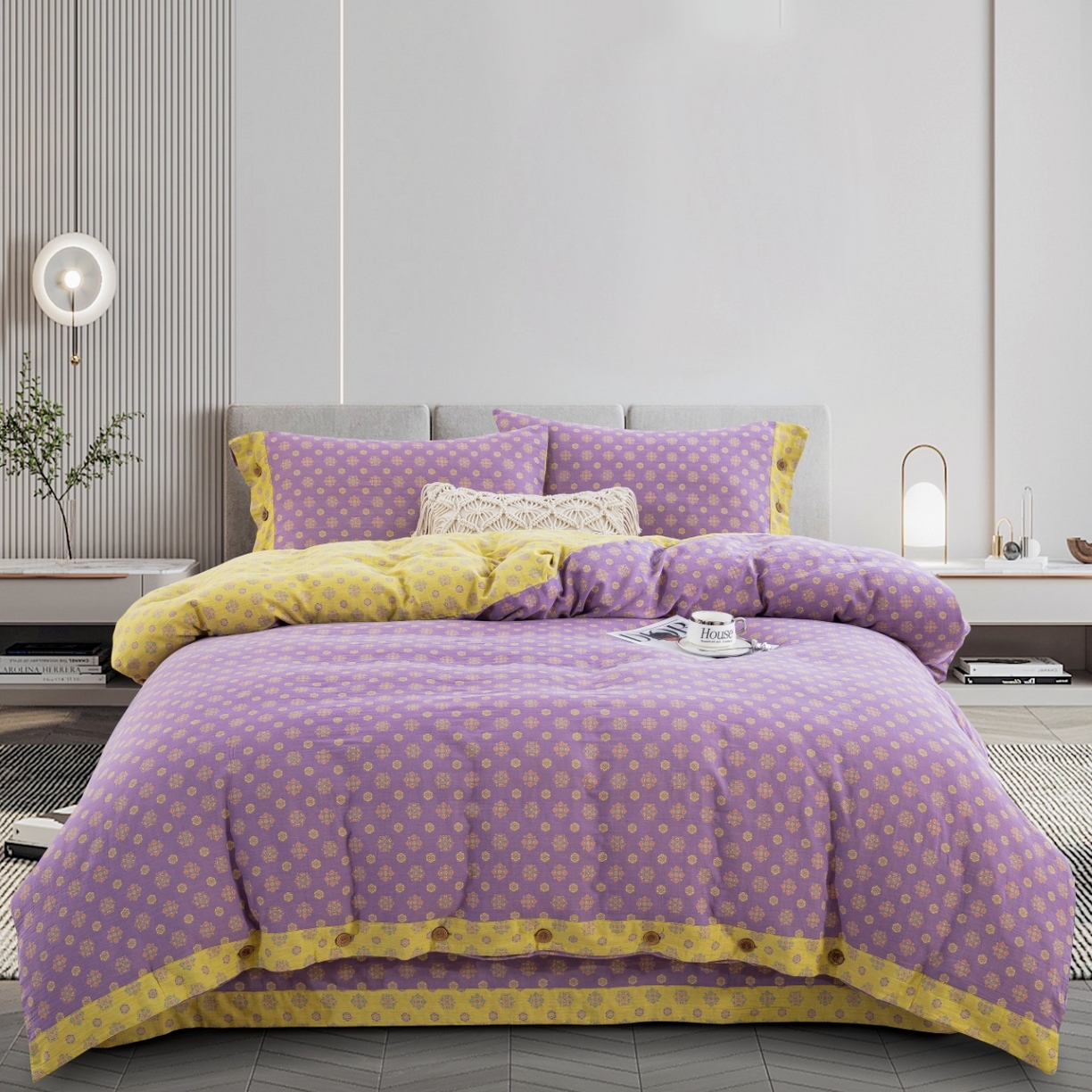 双层纱家居 2025新款全棉纯棉色织提花四件套-幸福星 幸福星-浅紫