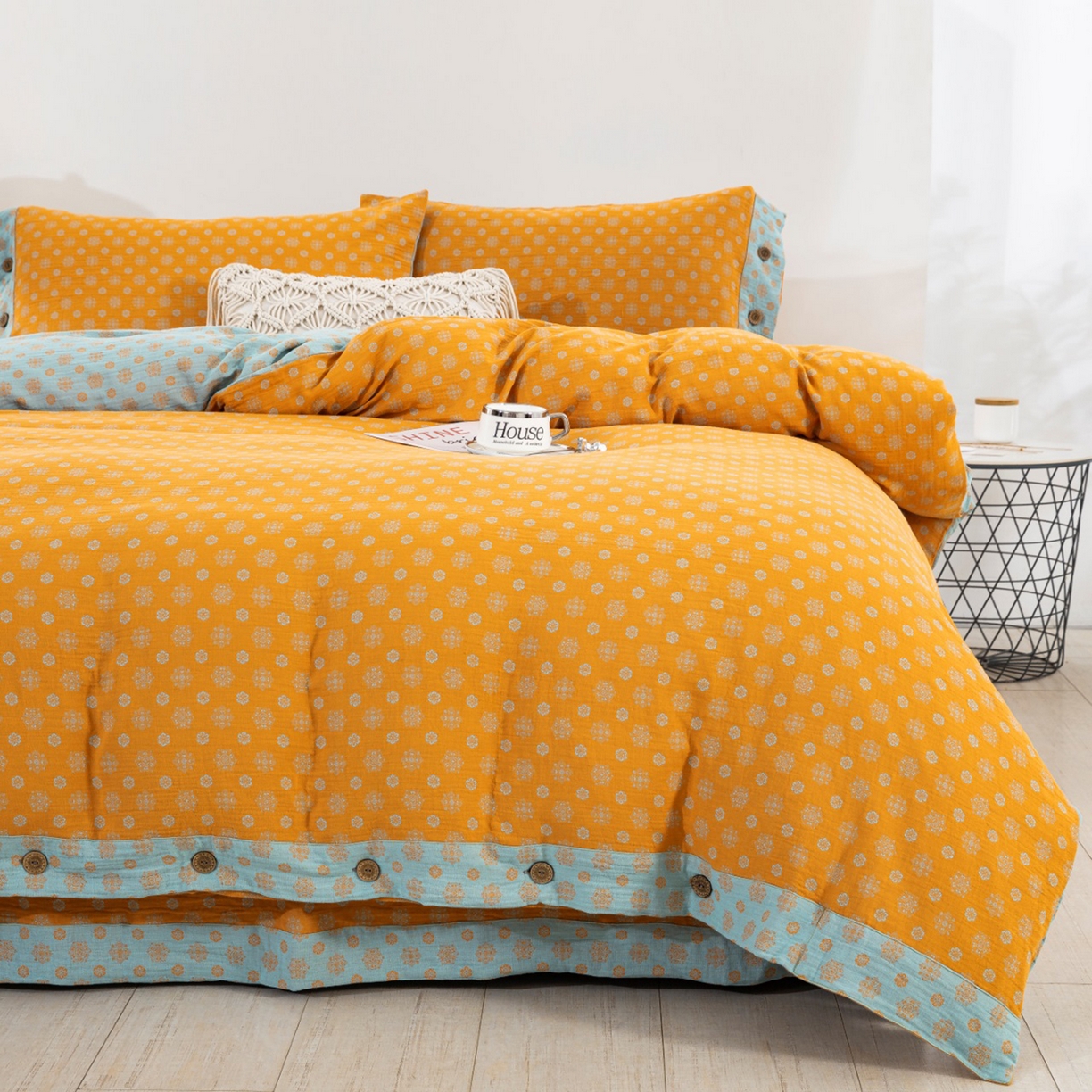 91家纺网 家纺一手货源 找家纺 （总）双层纱家居 2025新款全棉纯棉色织提花四件套-幸福星