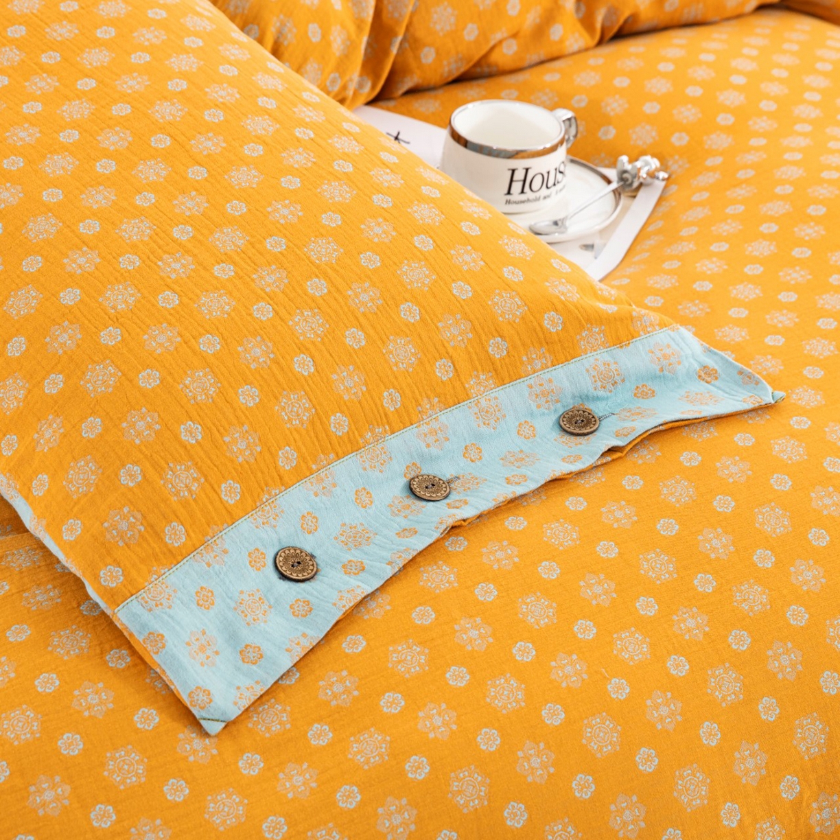 91家纺网 家纺一手货源 找家纺 （总）双层纱家居 2025新款全棉纯棉色织提花四件套-幸福星