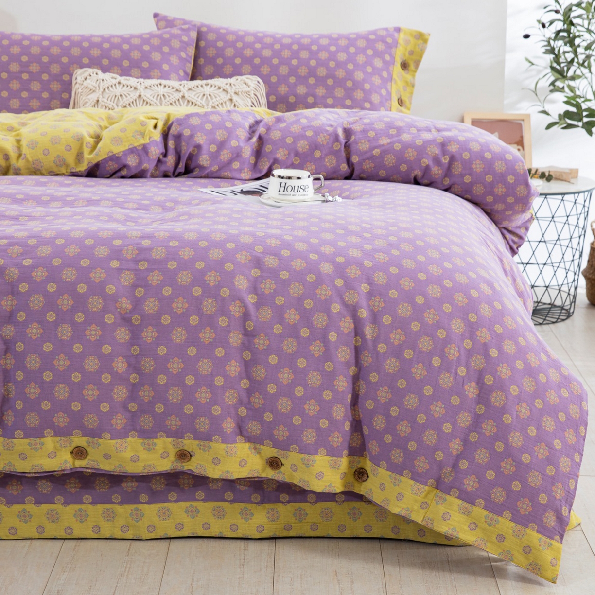 91家纺网 家纺一手货源 找家纺 双层纱家居 2025新款全棉纯棉色织提花四件套-幸福星 幸福星-浅紫