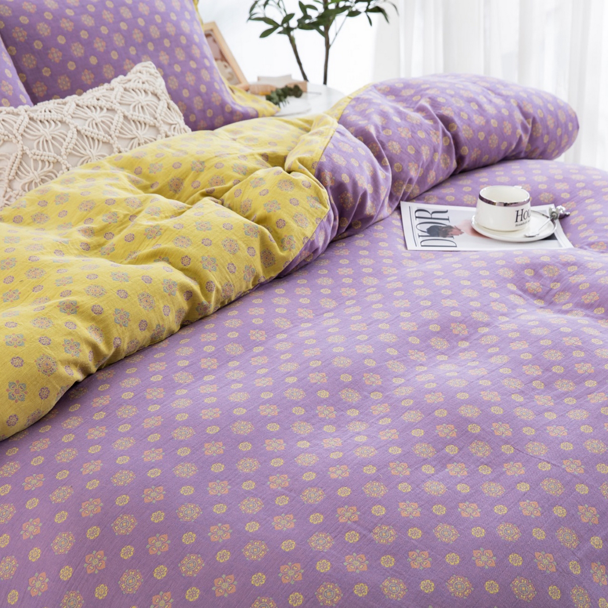 91家纺网 家纺一手货源 找家纺 双层纱家居 2025新款全棉纯棉色织提花四件套-幸福星 幸福星-浅紫