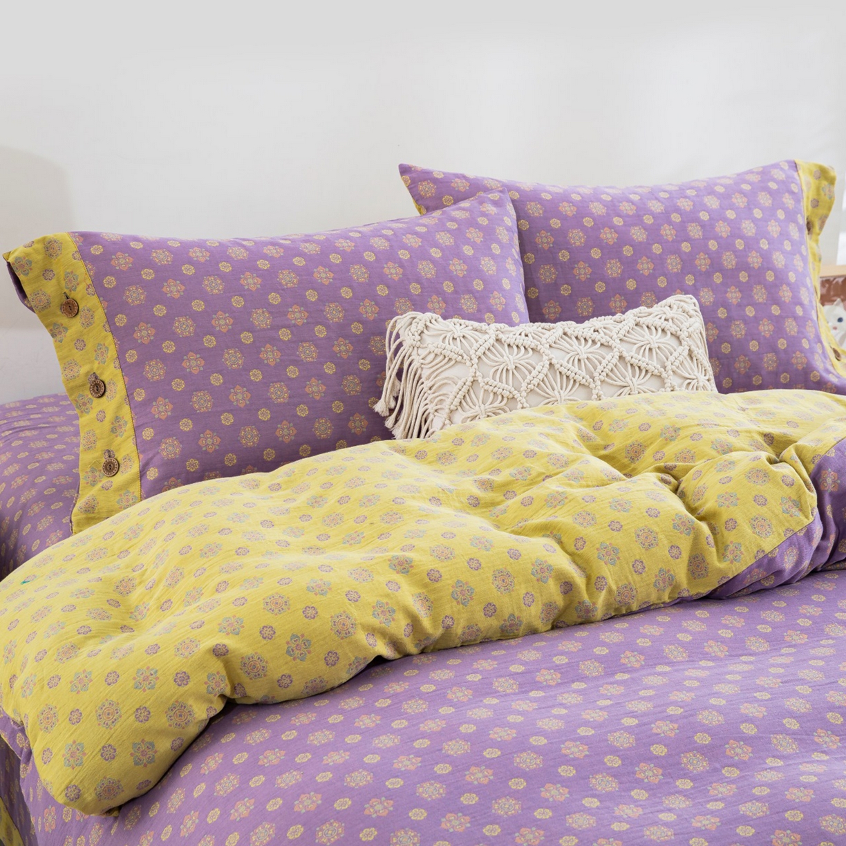 91家纺网 家纺一手货源 找家纺 双层纱家居 2025新款全棉纯棉色织提花四件套-幸福星 幸福星-浅紫