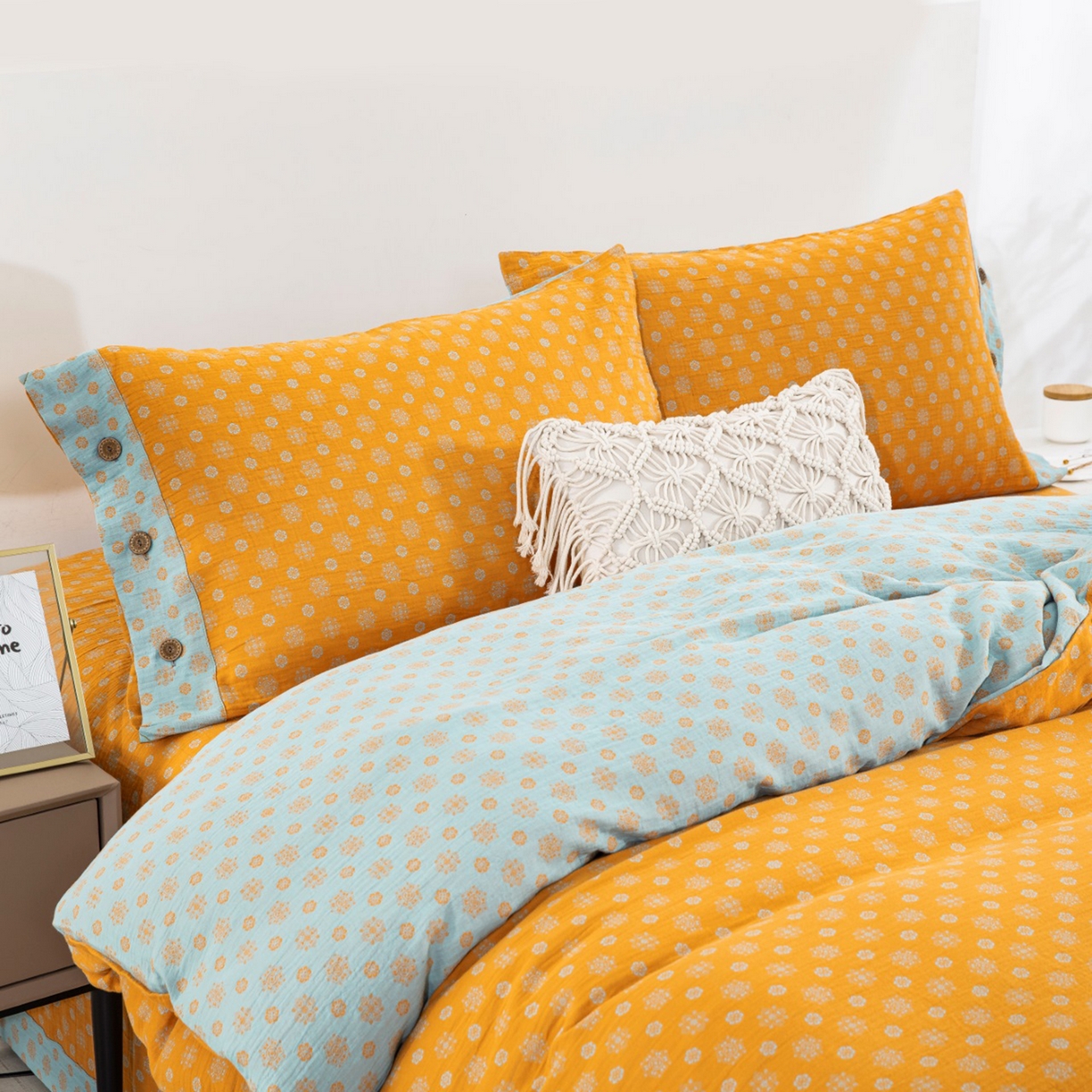 91家纺网 家纺一手货源 找家纺 双层纱家居 2025新款全棉纯棉色织提花四件套-幸福星 幸福星-黄