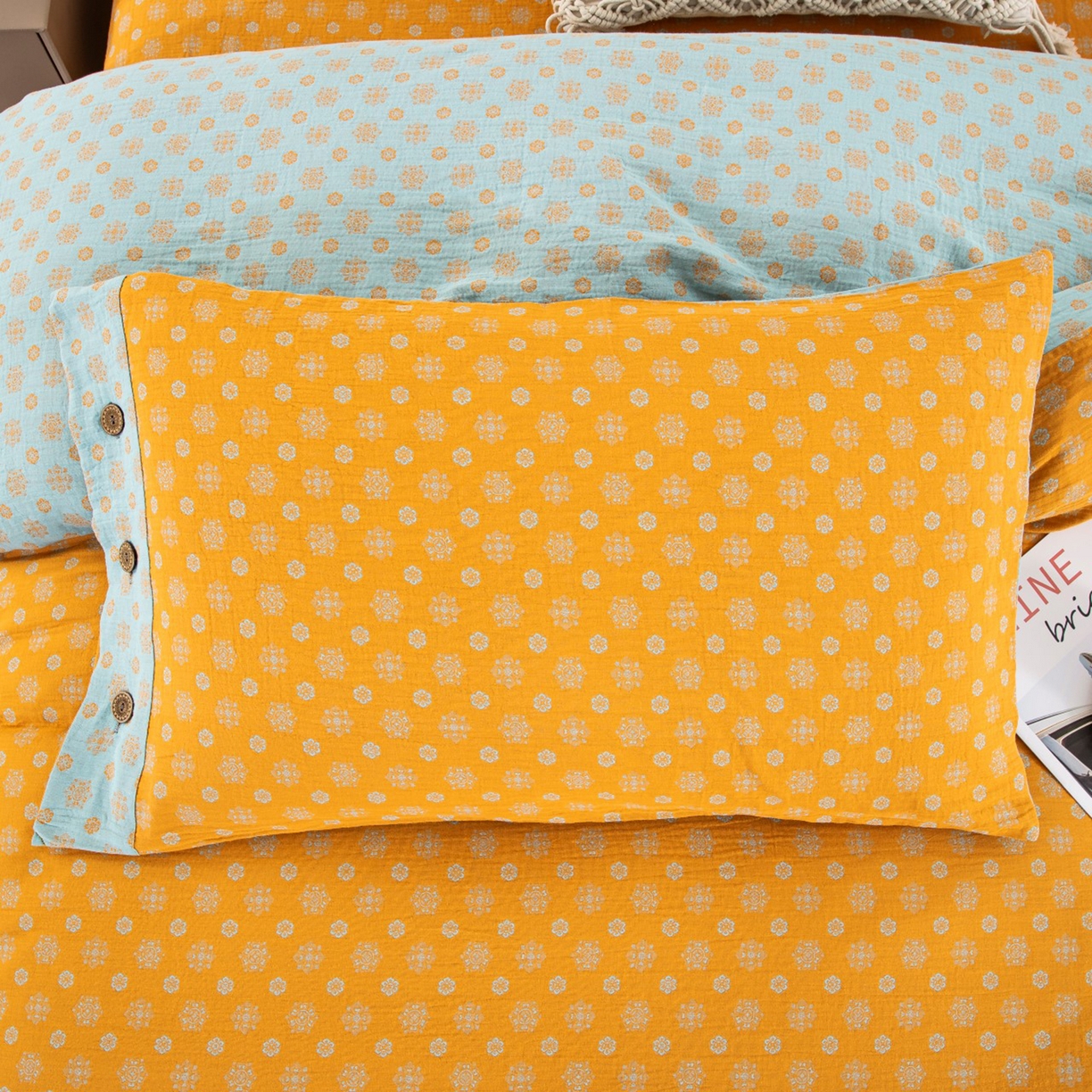 91家纺网 家纺一手货源 找家纺 （总）双层纱家居 2025新款全棉纯棉色织提花四件套-幸福星