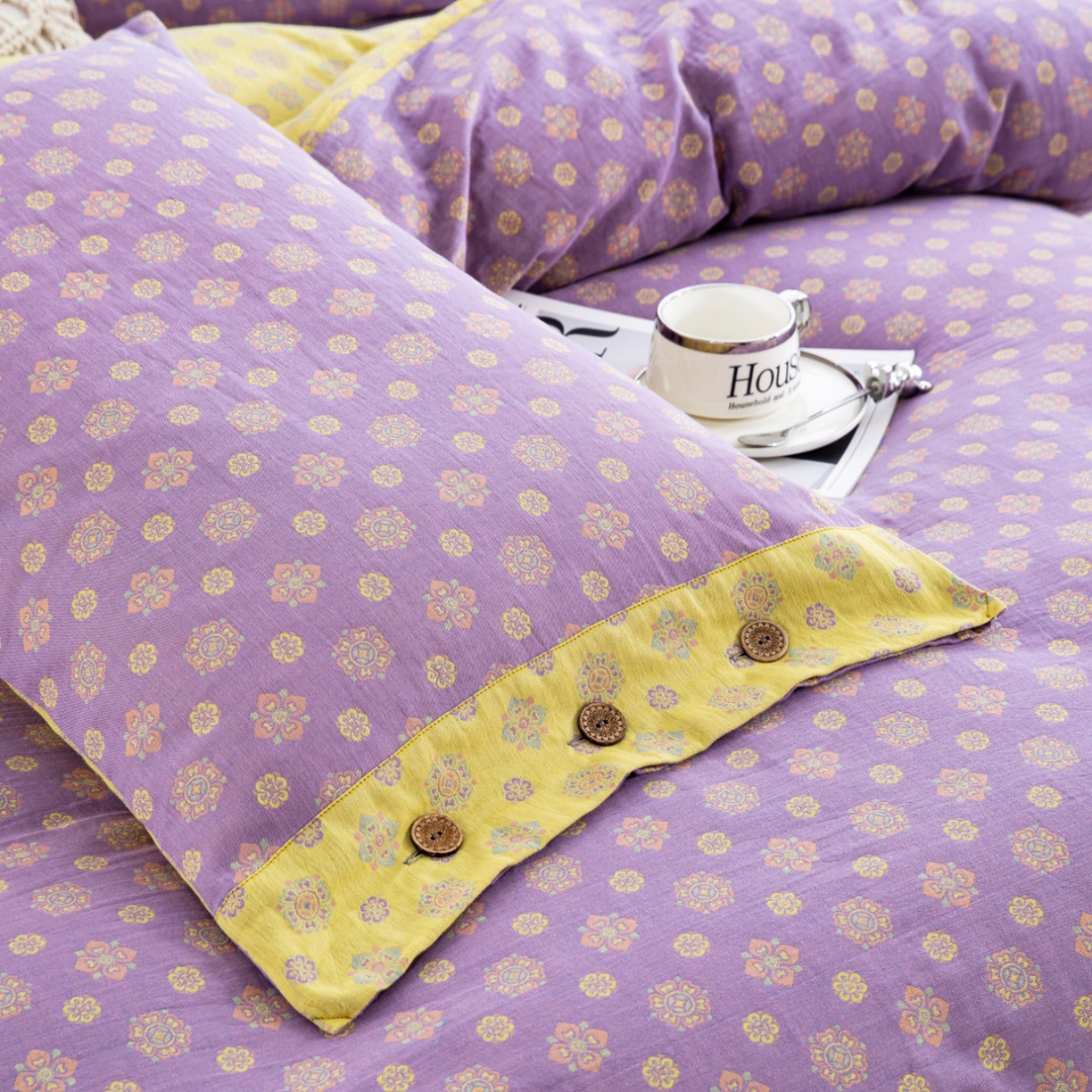 91家纺网 家纺一手货源 找家纺 双层纱家居 2025新款全棉纯棉色织提花四件套-幸福星 幸福星-浅紫