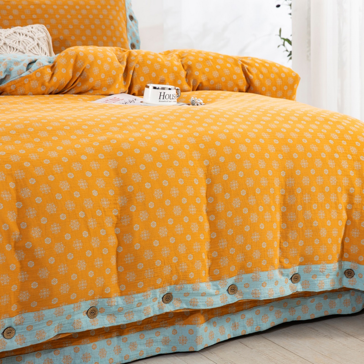 91家纺网 家纺一手货源 找家纺 （总）双层纱家居 2025新款全棉纯棉色织提花四件套-幸福星