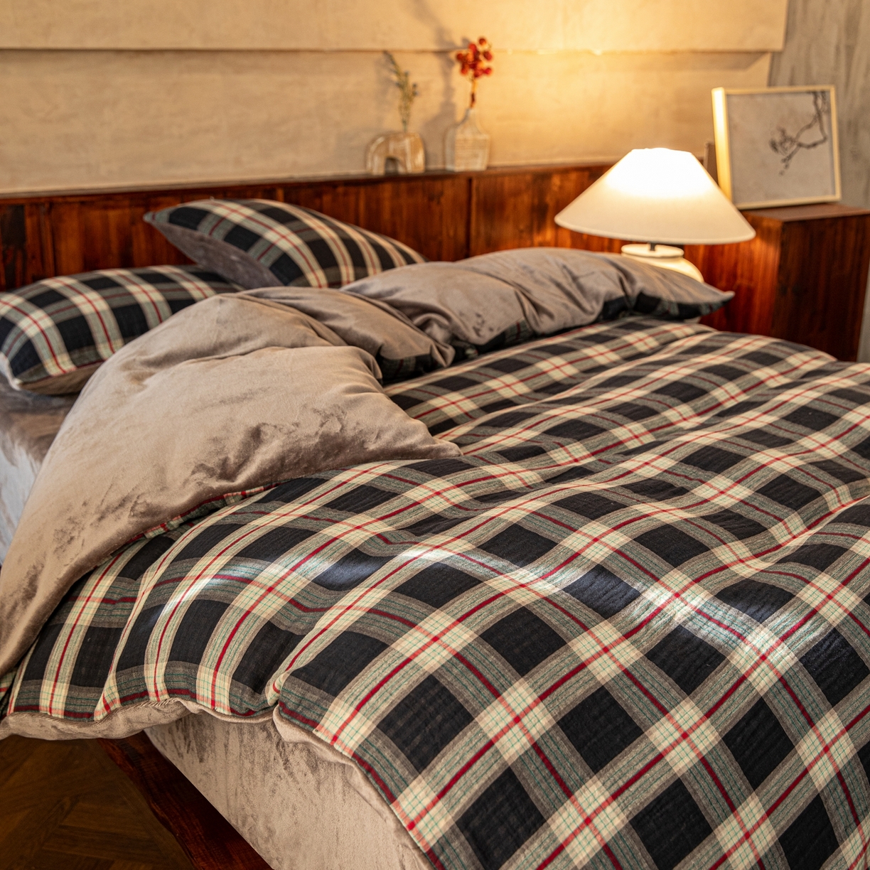 双层纱家居 2025新款棉加绒A版双层纱B版德绒四件套 兰大格