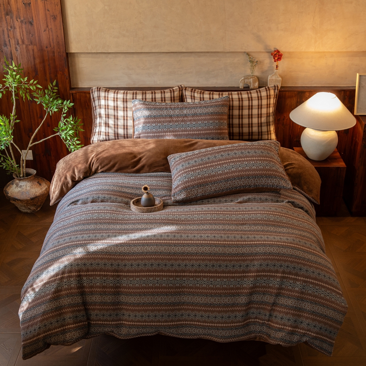 91家纺网 家纺一手货源 找家纺 双层纱家居 2025新款棉加绒A版双层纱B版德绒四件套 波西米亚狂想曲