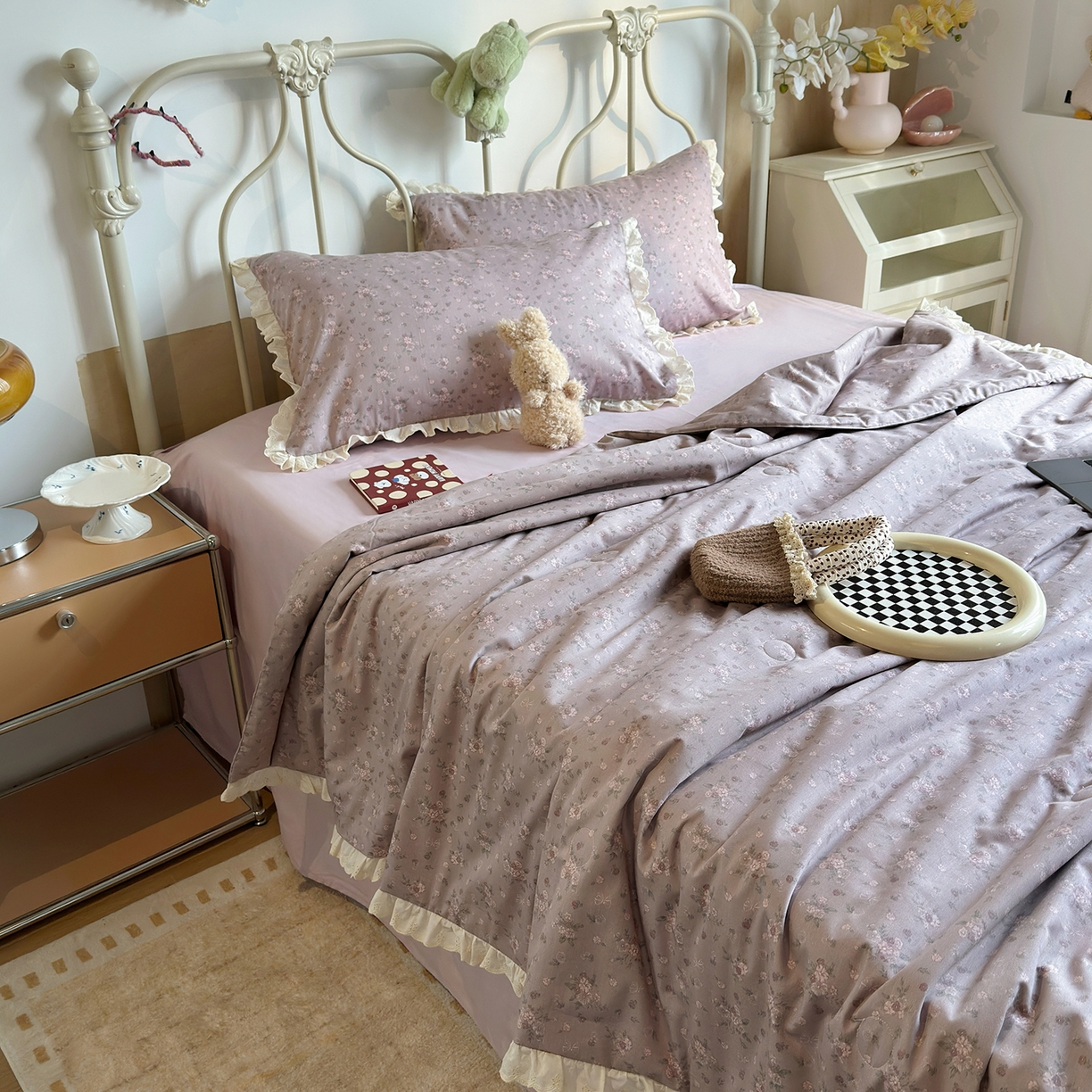 绫韵家纺 2026新品夏季韩式浪漫小花边空调被夏被薄被子套件系列 紫洋兰
