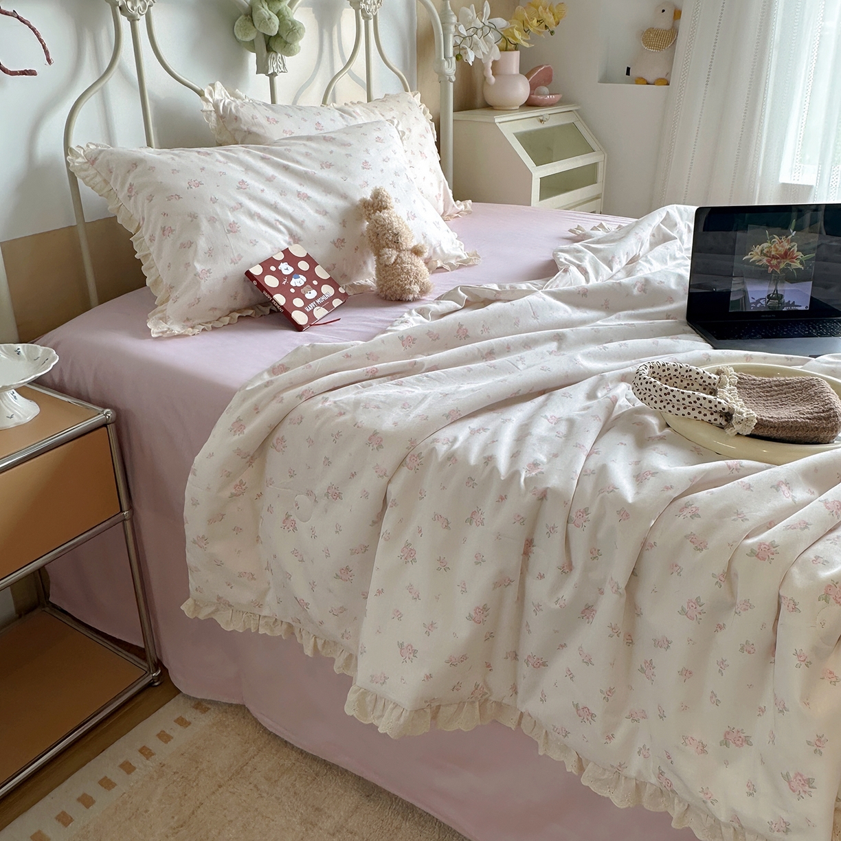 绫韵家纺 2026新品夏季韩式浪漫小花边空调被夏被薄被子套件系列 艾米丽