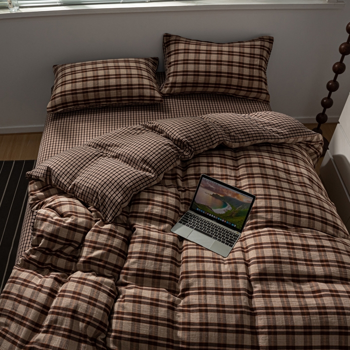 91家纺网 家纺一手货源 找家纺 双层纱家居 2025新款全棉纯棉色织双层纱四件套 焦糖玛奇朵